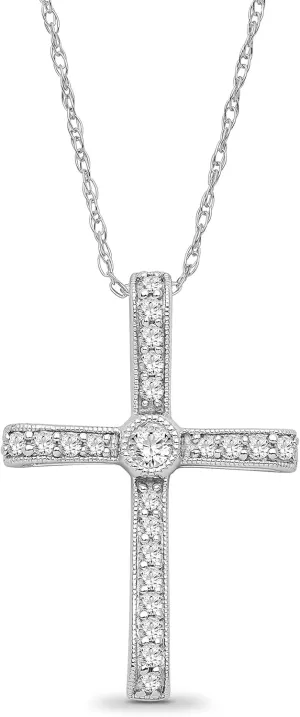 14K Gold or Silver Diamond Cross Pendant with Gold Plated Silver Rope Chain Necklace (1/4 cttw, I-J Color, I2-I3 Clarity) 18"