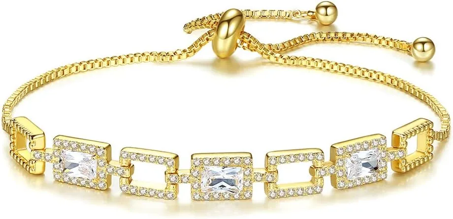 14K Gold Over S925 Silver Rectangular Bracelet for Women, Moissanite Halo Bracelet, Beautiful Jewelry Gift for Her