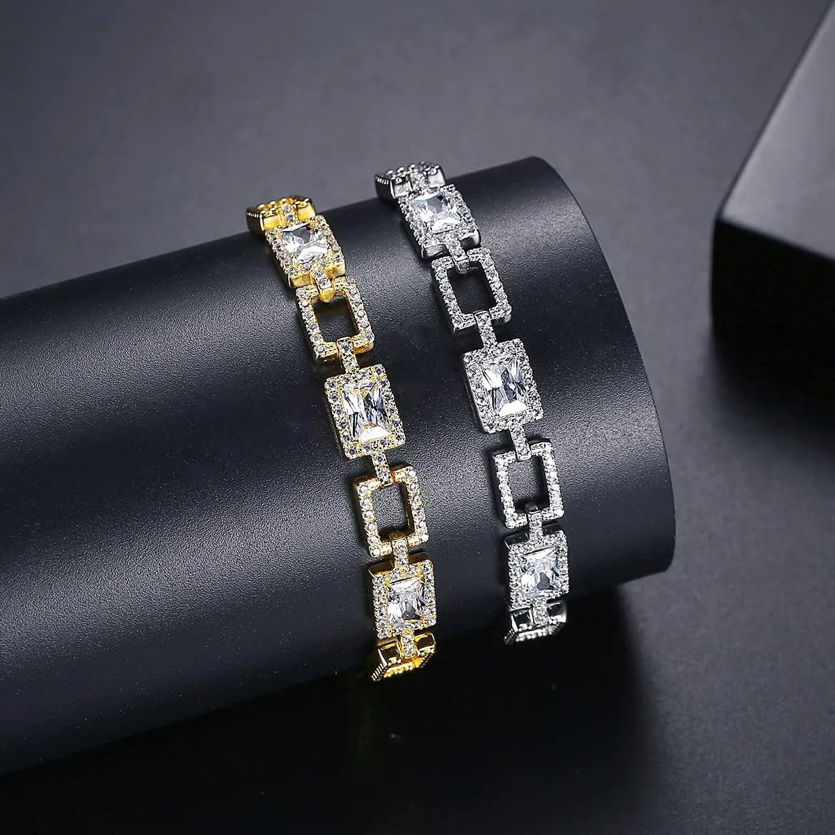 14K Gold Over S925 Silver Rectangular Bracelet for Women, Moissanite Halo Bracelet, Beautiful Jewelry Gift for Her