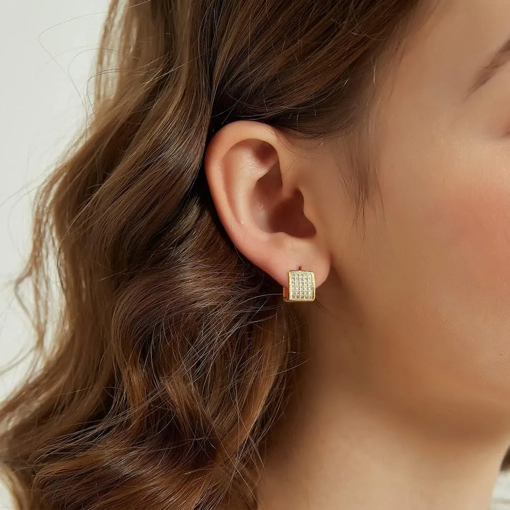 14K Gold Plated Hoop Earring Small Square Huggies Hoops For Women, Minimalist Cute Earrings for Women Girls Gift, gold silver rose gold black and CZ
