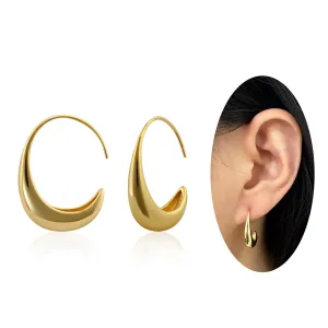 14K Gold Plated Pull Through Earrings C Shape Hoop Earrings for Women Statement Tear Drop Dangle Earrings for Gift