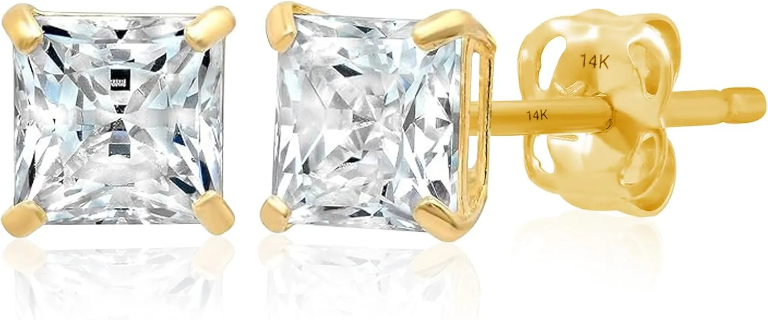 14K Gold Princess Cut CZ Stud Earrings for Women & Men | Cubic Zirconia Earrings Studs | 4MM-7MM CZ Gold Earrings by MAX   STONE