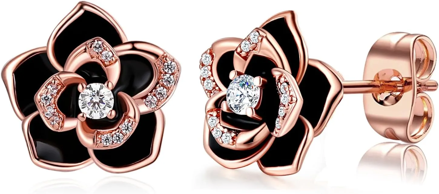 14K Gold Rose Flower Sterling Silver Stud Earrings For Women Dainty Rose Gold Pearl Earrings Hypoallergenic Earrings Cute Studs For Her Nickel Free