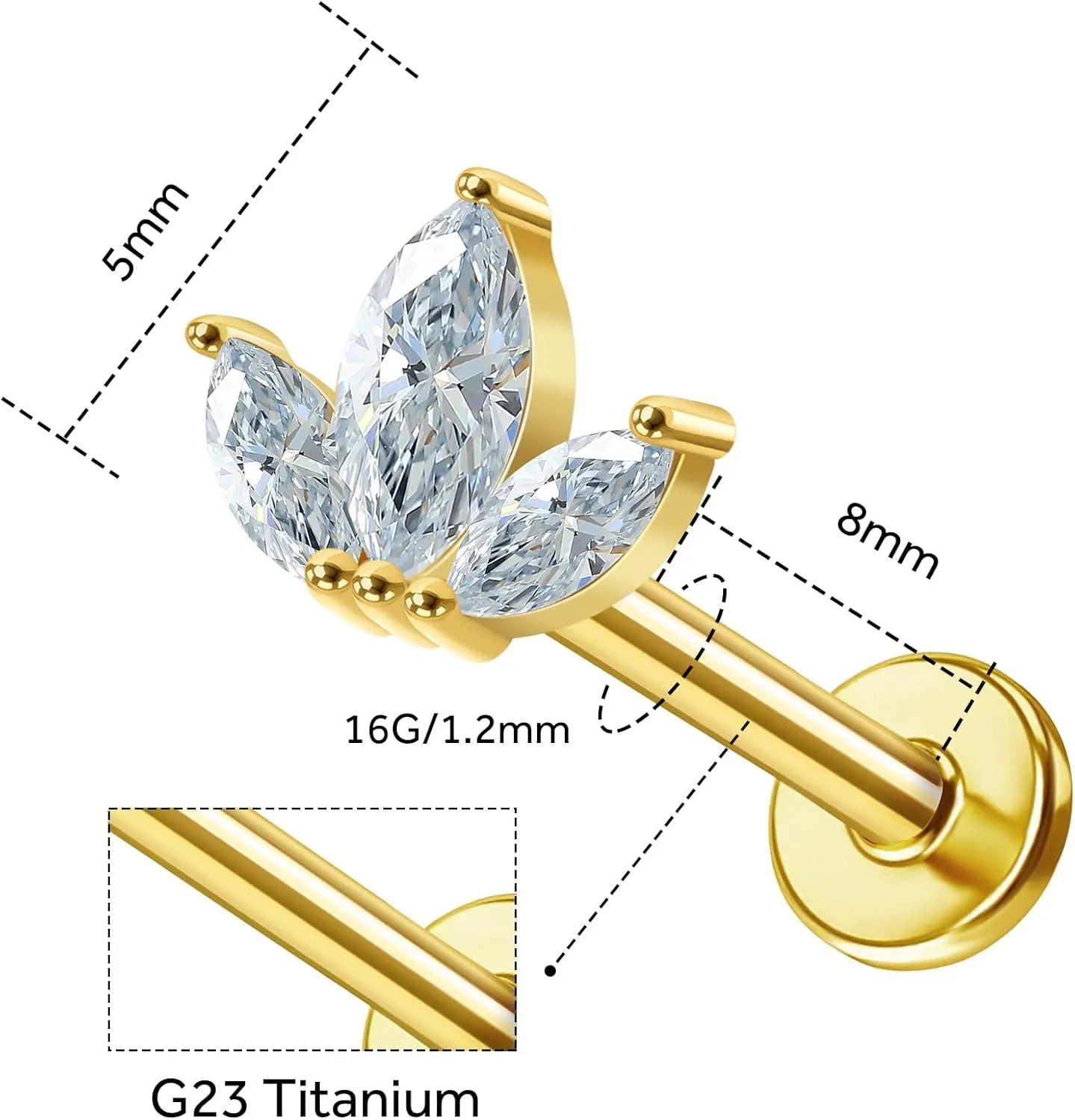 14K Gold Threadless Cartilage Earring 1 Pcs Top Push in CZ Flat Back Nose Stud Lip Ring Threadless Earring Helix Stud Tragus Piercing Jewelry for Women Men 6mm/8mm