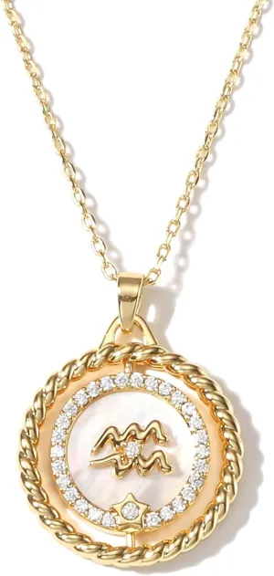 14K Gold Zodiac Necklace for Women,Gold Plated Rotatable 12 Constellation Astrology Necklaces,Jewelry Gifts