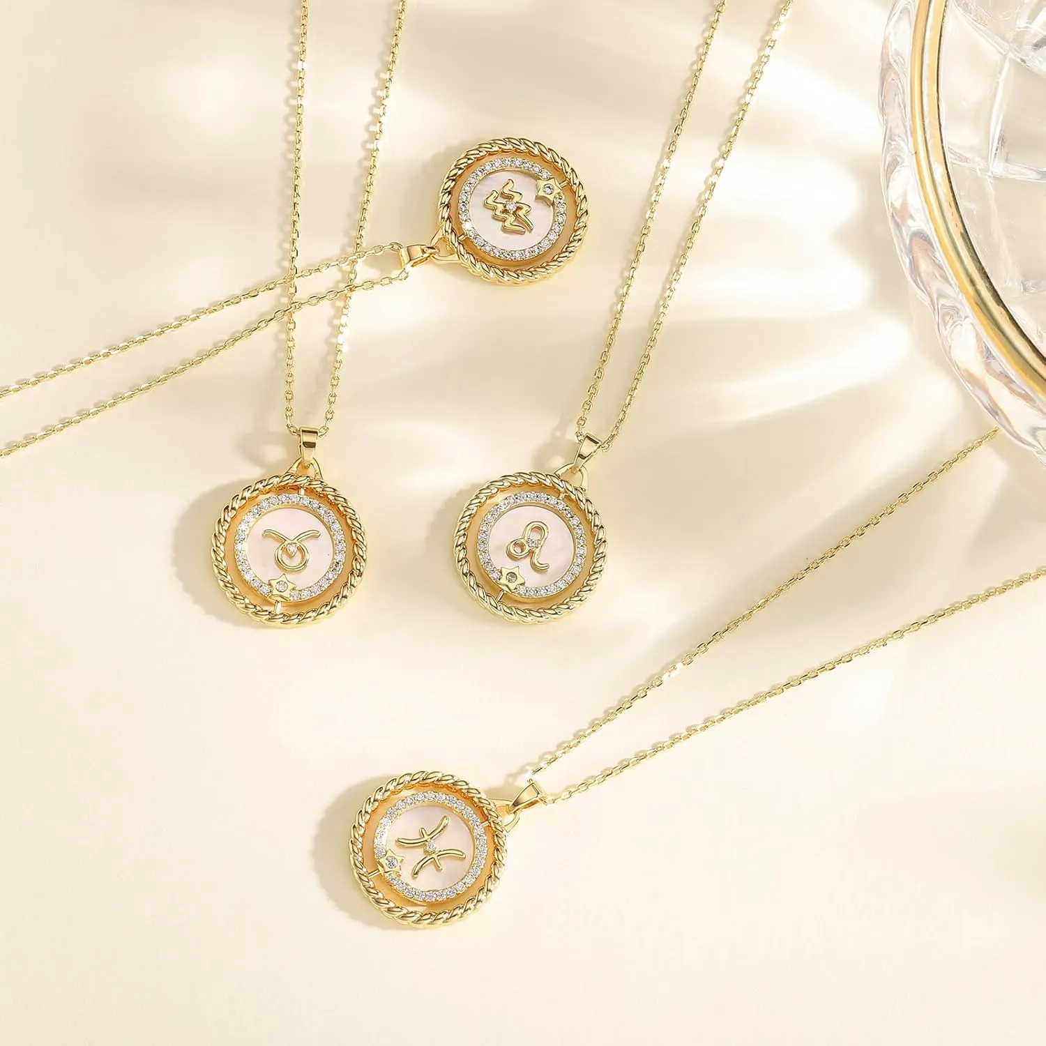 14K Gold Zodiac Necklace for Women,Gold Plated Rotatable 12 Constellation Astrology Necklaces,Jewelry Gifts
