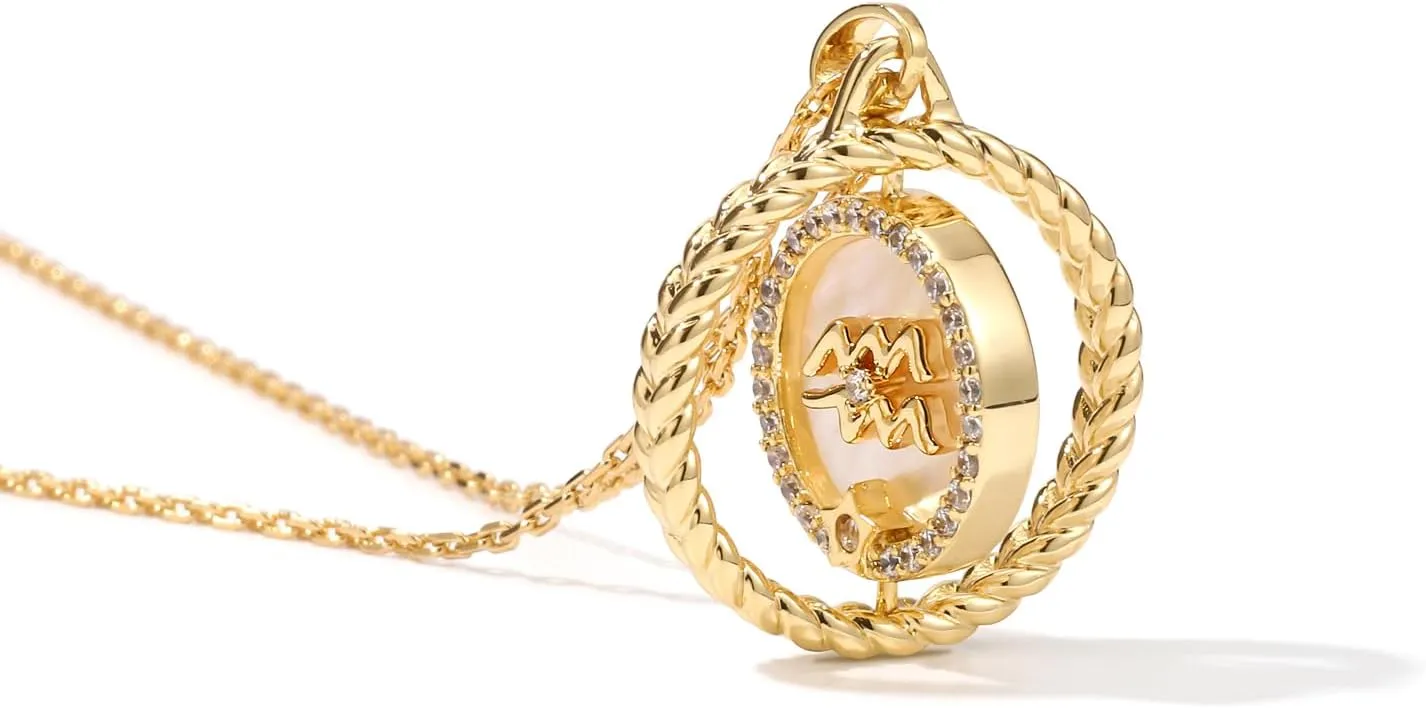 14K Gold Zodiac Necklace for Women,Gold Plated Rotatable 12 Constellation Astrology Necklaces,Jewelry Gifts