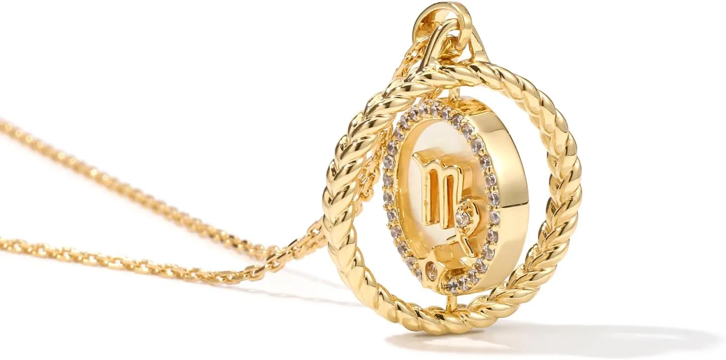 14K Gold Zodiac Necklace for Women,Gold Plated Rotatable 12 Constellation Astrology Necklaces,Jewelry Gifts