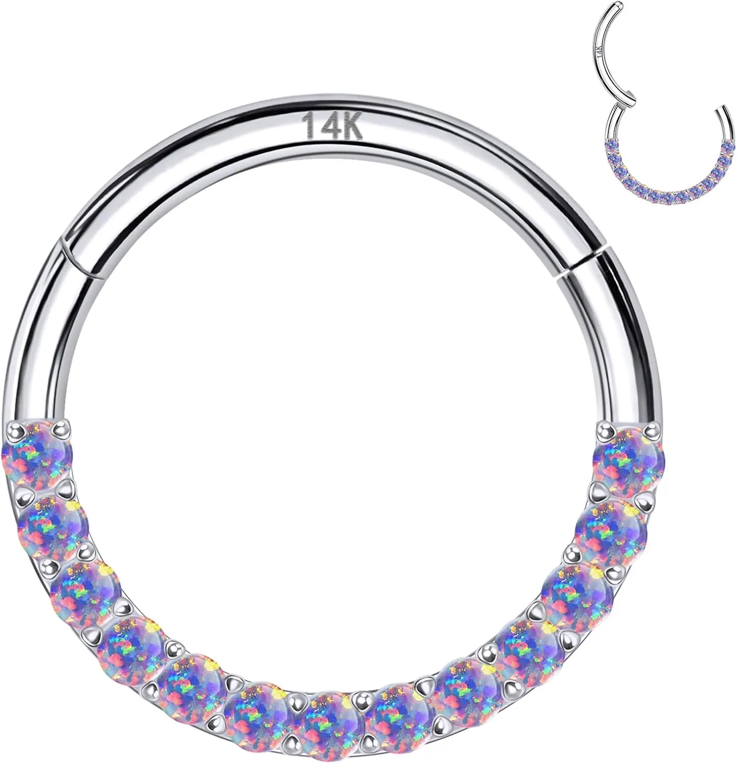 14k Real Gold Cartilage Earring for Women, 16G 6mm Hinged Segment Earring Hoop, Purple Opal Nose Rings, Helix, Rook, Tragus, Daith Piercing Jewelry