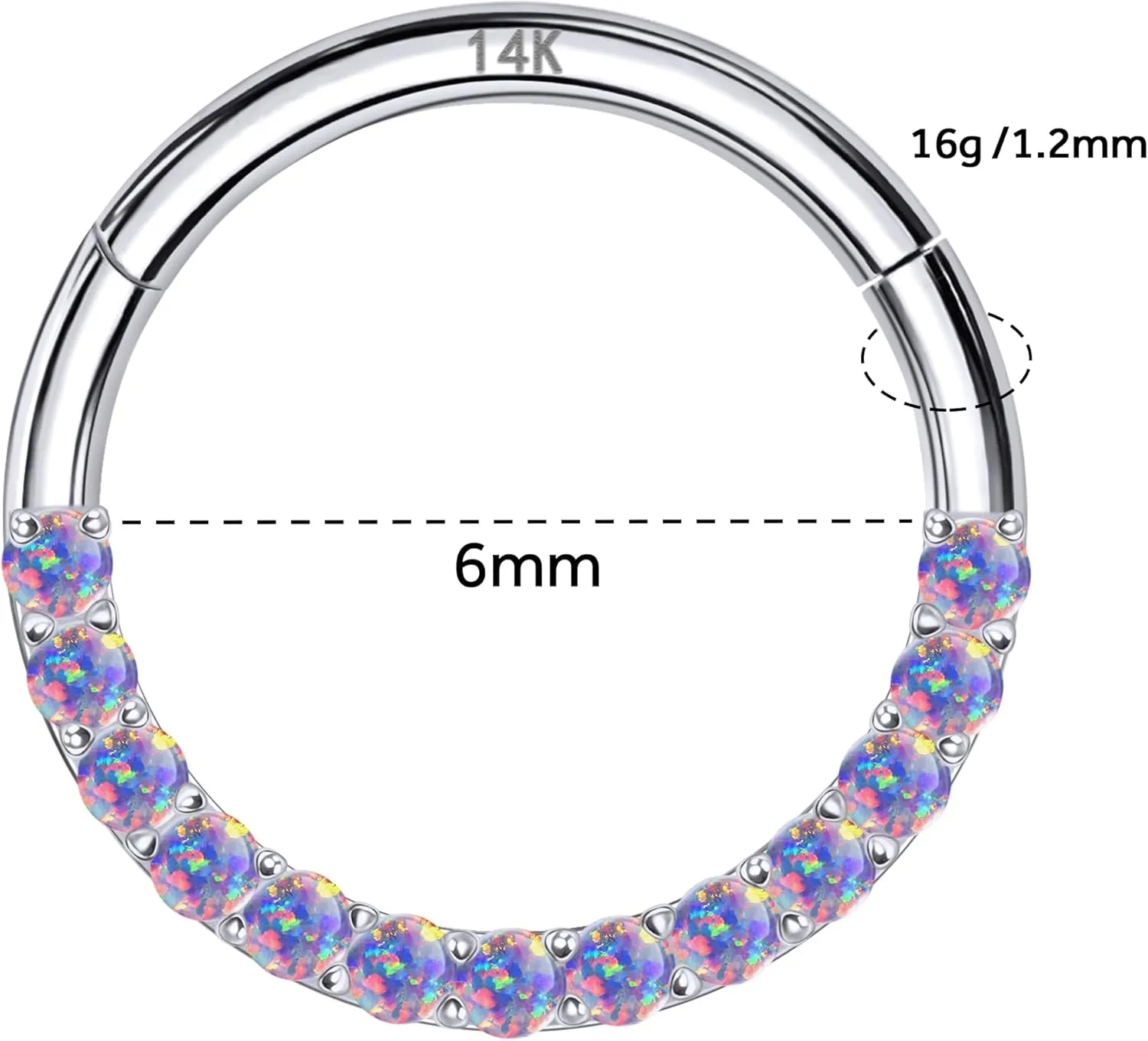 14k Real Gold Cartilage Earring for Women, 16G 6mm Hinged Segment Earring Hoop, Purple Opal Nose Rings, Helix, Rook, Tragus, Daith Piercing Jewelry