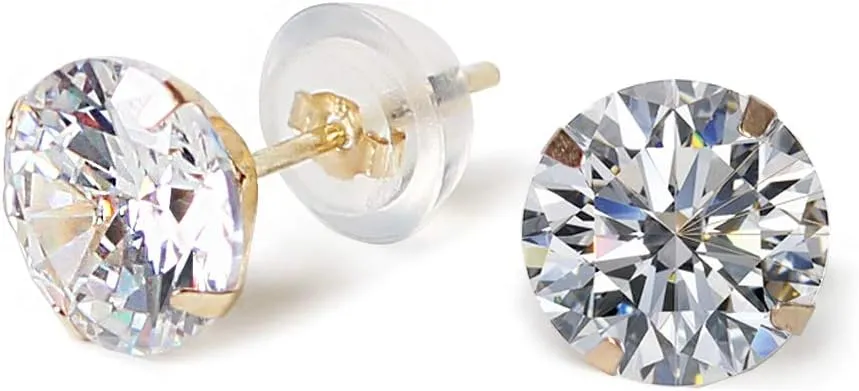 14k real solid Yellow Gold white cz Stud chunky Earrings for women Cubic Zirconia with 14k gold silicone earring flat backs