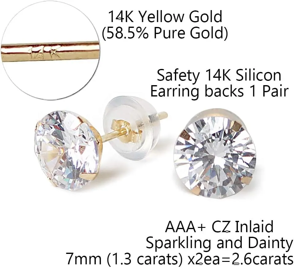 14k real solid Yellow Gold white cz Stud chunky Earrings for women Cubic Zirconia with 14k gold silicone earring flat backs