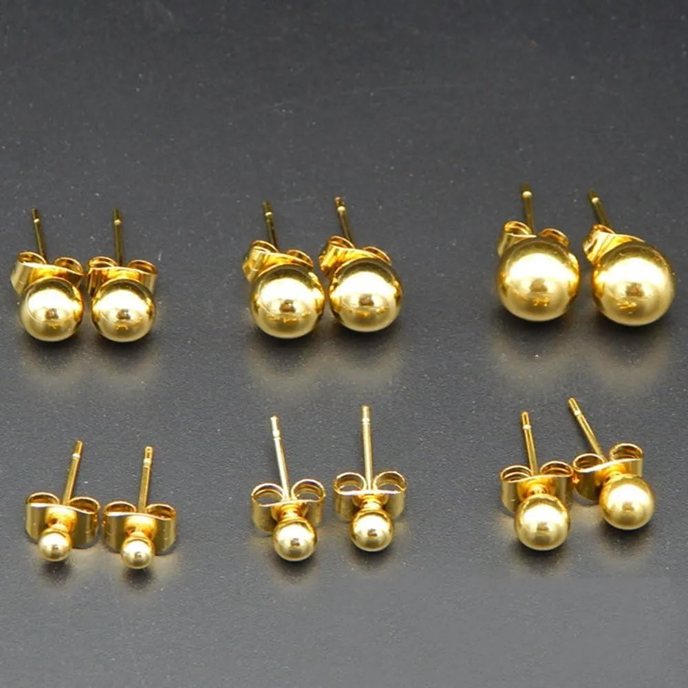 14K Real Yellow Gold Plated 3mm/4mm/5mm/6mm/7mm/8mm Round Ball Stud Earrings