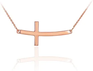 14K Rose Gold Curved Sideways Cross Necklace with Rolo Chain - Choice of Length