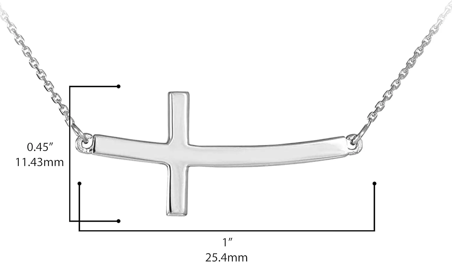 14K White Gold Curved Sideways Cross Necklace with Rolo Chain - Choice of Length