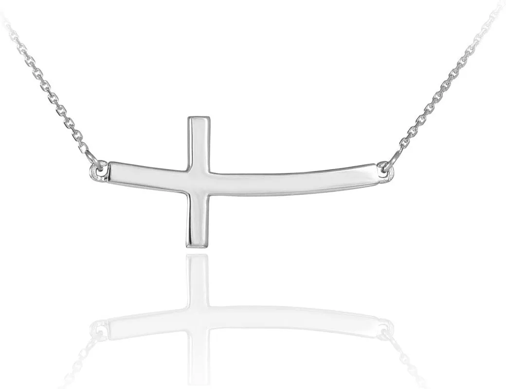 14K White Gold Curved Sideways Cross Necklace with Rolo Chain - Choice of Length