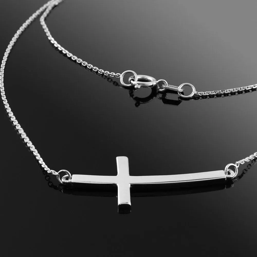 14K White Gold Curved Sideways Cross Necklace with Rolo Chain - Choice of Length
