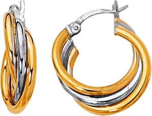14K Yellow And White Gold Two Tone Triple Row Hoop Earrings, Diameter 20mm