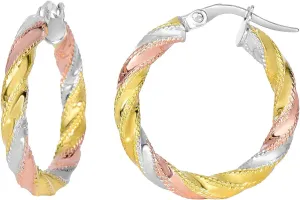 14K Yellow And White Rose Gold Twisted Round Hoop Earrings, Diameter 20mm