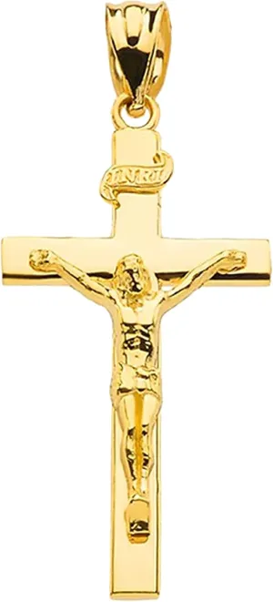14K Yellow Gold 1-1/4 INRI Crucifix Cross Pendant Charm