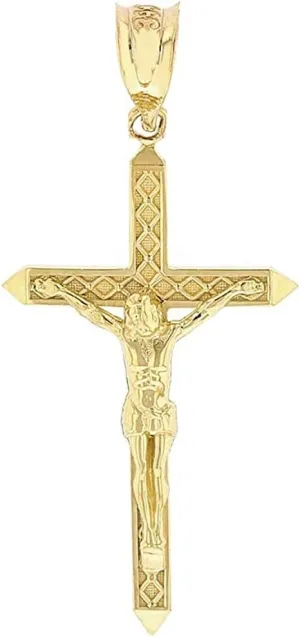 14K Yellow Gold 1-1/4" Crucifix Passion of Christ Cross Pendant Necklace - Choice of Rolo Chain Length or Charm Only
