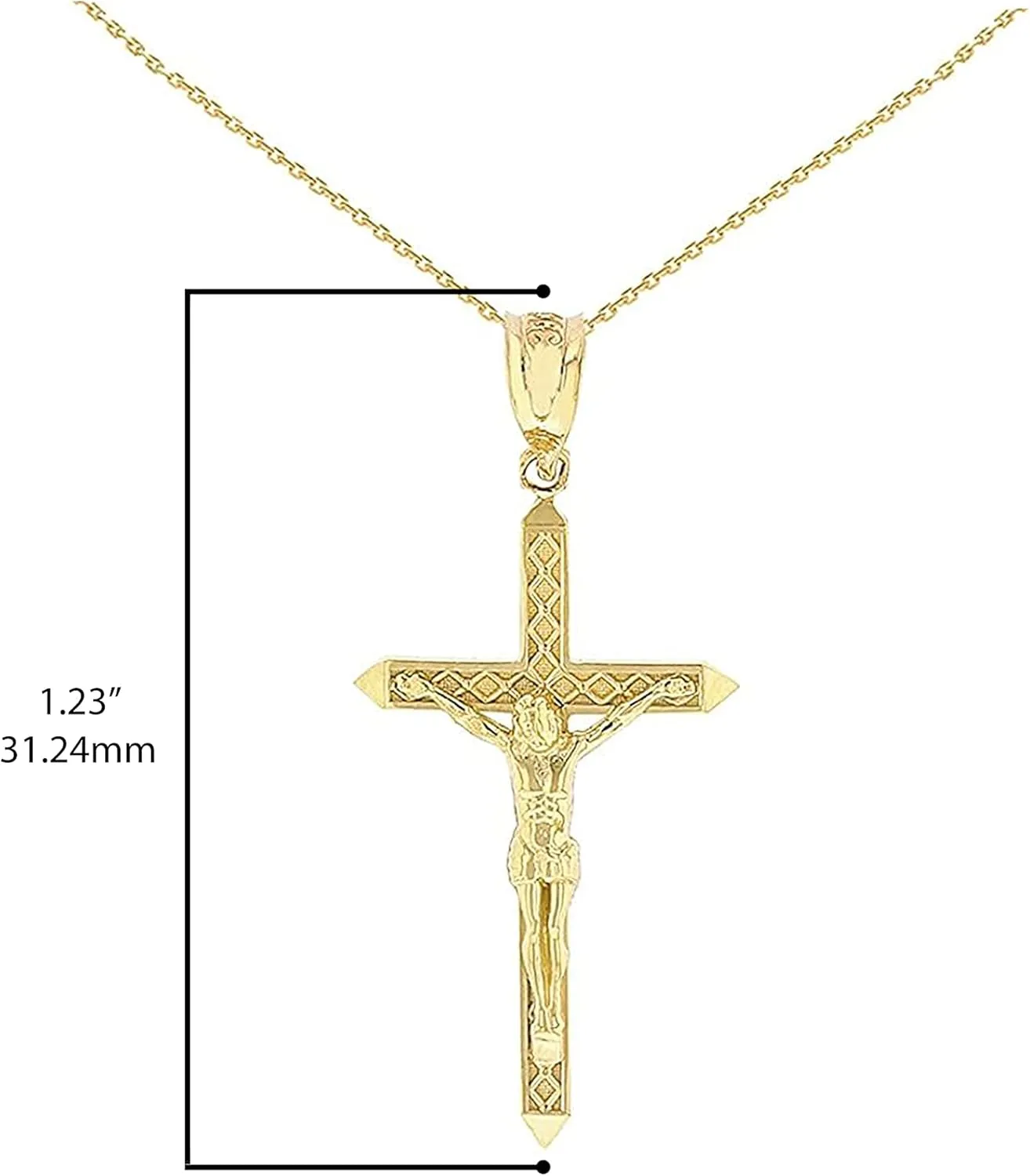 14K Yellow Gold 1-1/4" Crucifix Passion of Christ Cross Pendant Necklace - Choice of Rolo Chain Length or Charm Only
