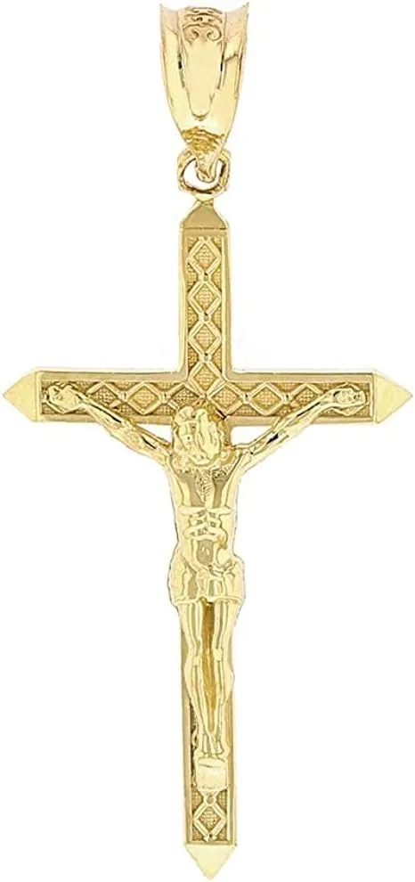 14K Yellow Gold 1-1/4" Crucifix Passion of Christ Cross Pendant Necklace - Choice of Rolo Chain Length or Charm Only