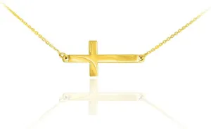 14k Yellow Gold Classic Horizontal/Sideways Cross Necklace on Rolo Chain - 16"