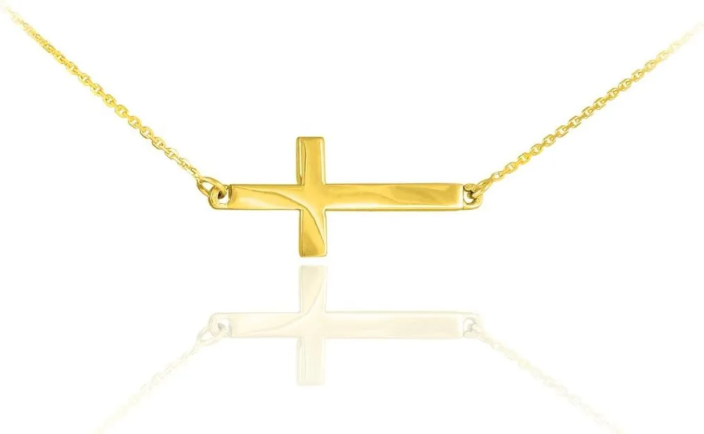 14k Yellow Gold Classic Horizontal/Sideways Cross Necklace on Rolo Chain - 16"