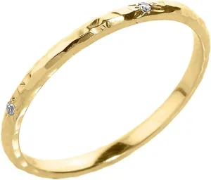 14K Yellow Gold Diamond Accented Hammered Stackable Slender Ring with Starburst Engraved Flush Set Gems (J-K Color, I1-I2 Clarity) - Size 7