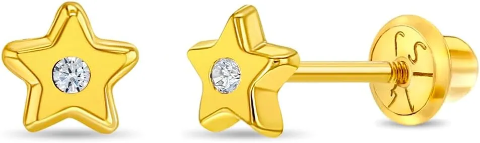 14k Yellow Gold Little 5mm Cubic Zirconia Star Screw Back Earrings Toddler Girls - Shiny Star Earrings with Safety Screw Back Locking for Infants & Children - Star Stud Earrings for Girls