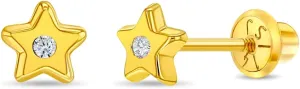 14k Yellow Gold Little 5mm Cubic Zirconia Star Screw Back Earrings Toddler Girls - Shiny Star Earrings with Safety Screw Back Locking for Infants & Children - Star Stud Earrings for Girls