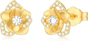 14K Yellow Gold Rose Flower Stud Earrings - Hypoallergenic Solid Gold Flower Rose Earrings Studs for Women Mom Mother Wife