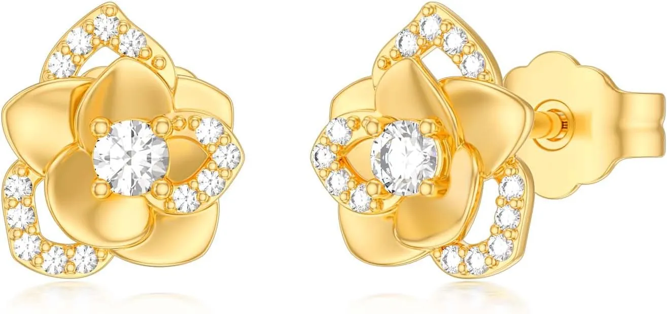 14K Yellow Gold Rose Flower Stud Earrings - Hypoallergenic Solid Gold Flower Rose Earrings Studs for Women Mom Mother Wife
