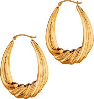 14K Yellow Gold Textured Oval Shape Hoop Earrings, Length 35mm