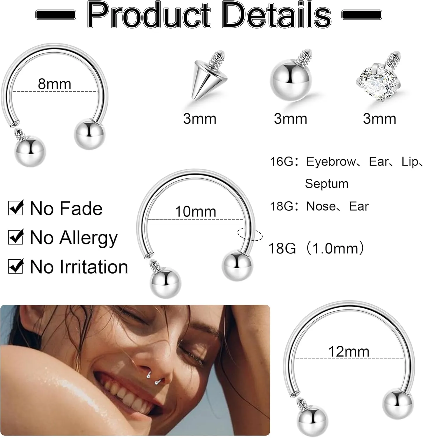 16G 18G G23 Titanium Septum Nose Rings for Men Women Horseshoe Septum Ring for Sensitive Skin Internally Threaded Lip Ring Spike Ball Cartilage Helix Daith Tragus Hoop Earring 8-12MM
