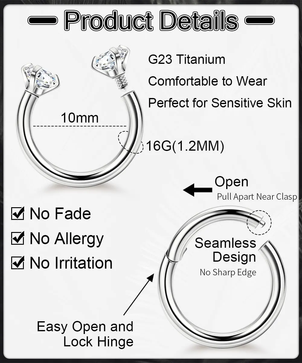 16G 4PCS G23 Titanium Septum Nose Rings for Men Women Horseshoe Septum Ring for Sensitive Skin Hinged Seamless Septum Hoop Cartilage Helix Daith Tragus Piercing Jewelry 8MM 10MM