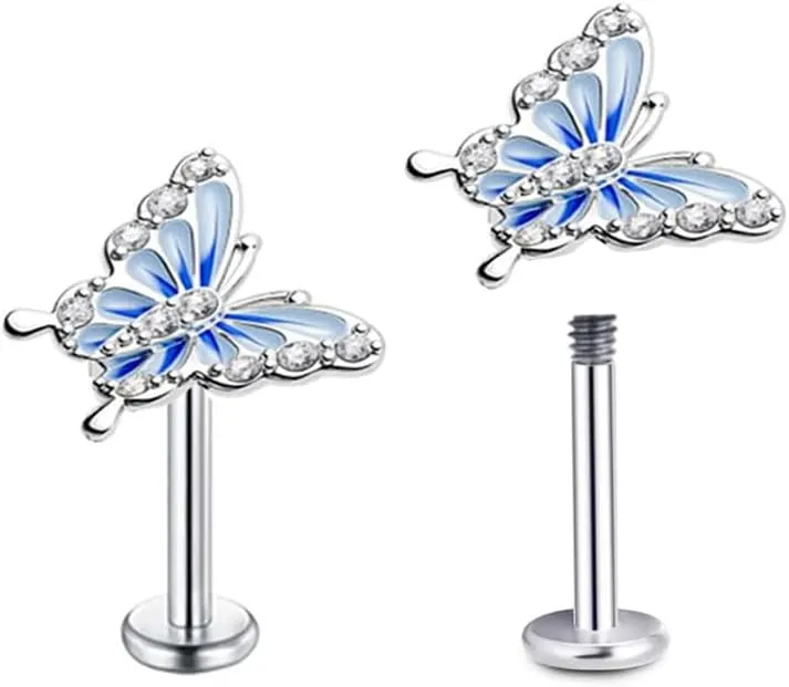 16G Dainty Butterfly Labret Cartilage Stud Earrings for Women Girls 316L Surgical Stainless Steel Crystal Cubic Zirconia Butterflies Monroe Tragus Helix Tiny Studs Lip Nose Rings Cute Medusa Piercing Body Jewelry Gifts Bar 6mm 8mm