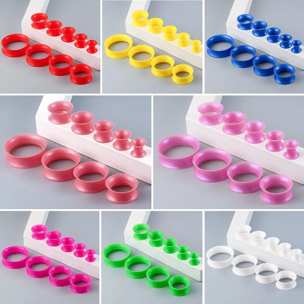 16PCS Pearl-Glossy Soft Silicone Ear Tunnels Gauges, 2g-1inch Double Flared Stretchers Expander, Shiny, Flexible Ear Plugs Body Piercing Jewelry for Women Men