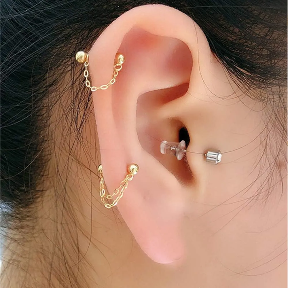 18G Double Layers Chain Bar Cartilage Stud Earrings S925 Sterling Silver Threader Tassel Tragus Helix Bar Earring Studs Lip Nose Ring Ear Piercing Jewelry Gifts for Women Girls