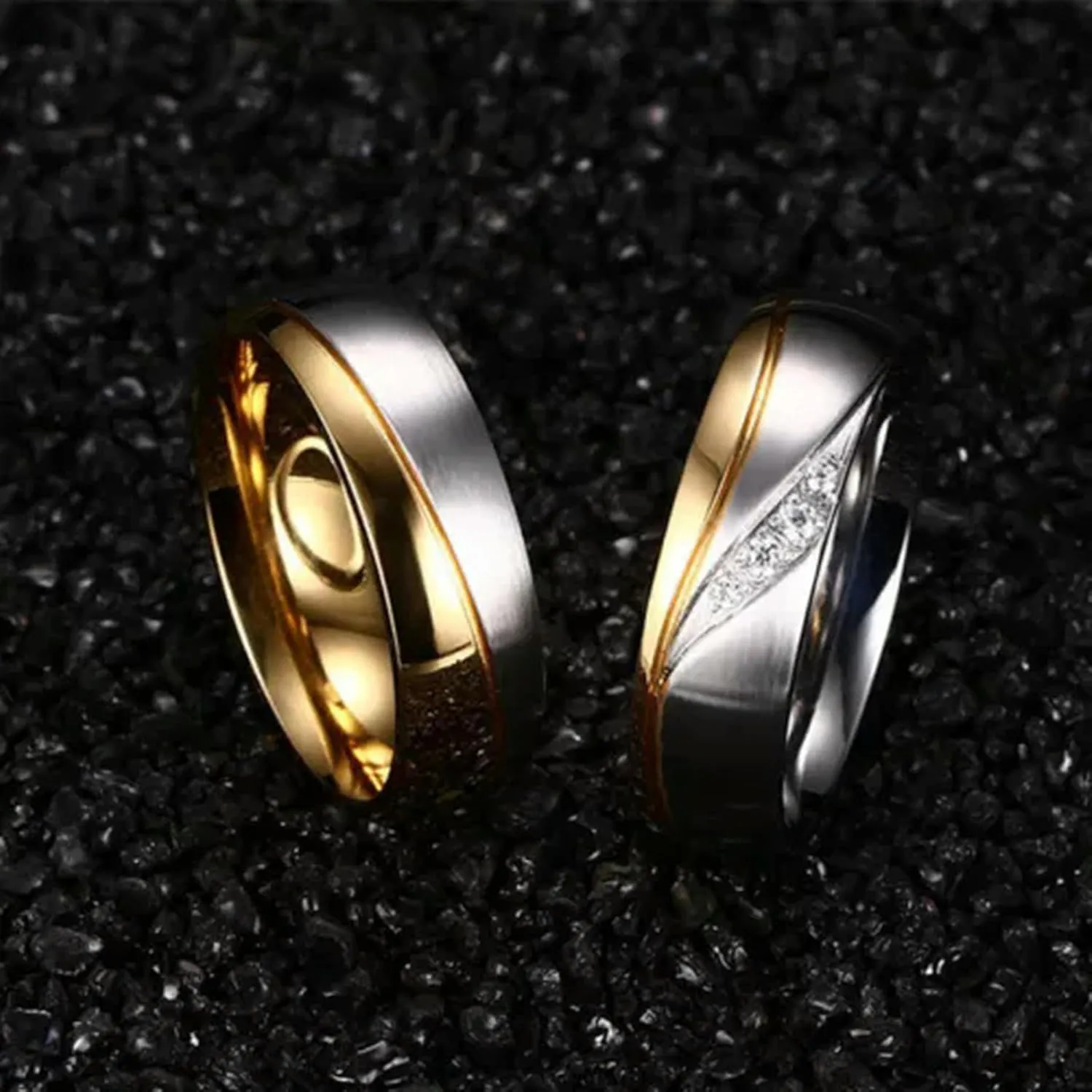 18K Gold Plated CZ Stainless Steel Couple Rings Sz 5-13 Gold&Silver Wedding Band