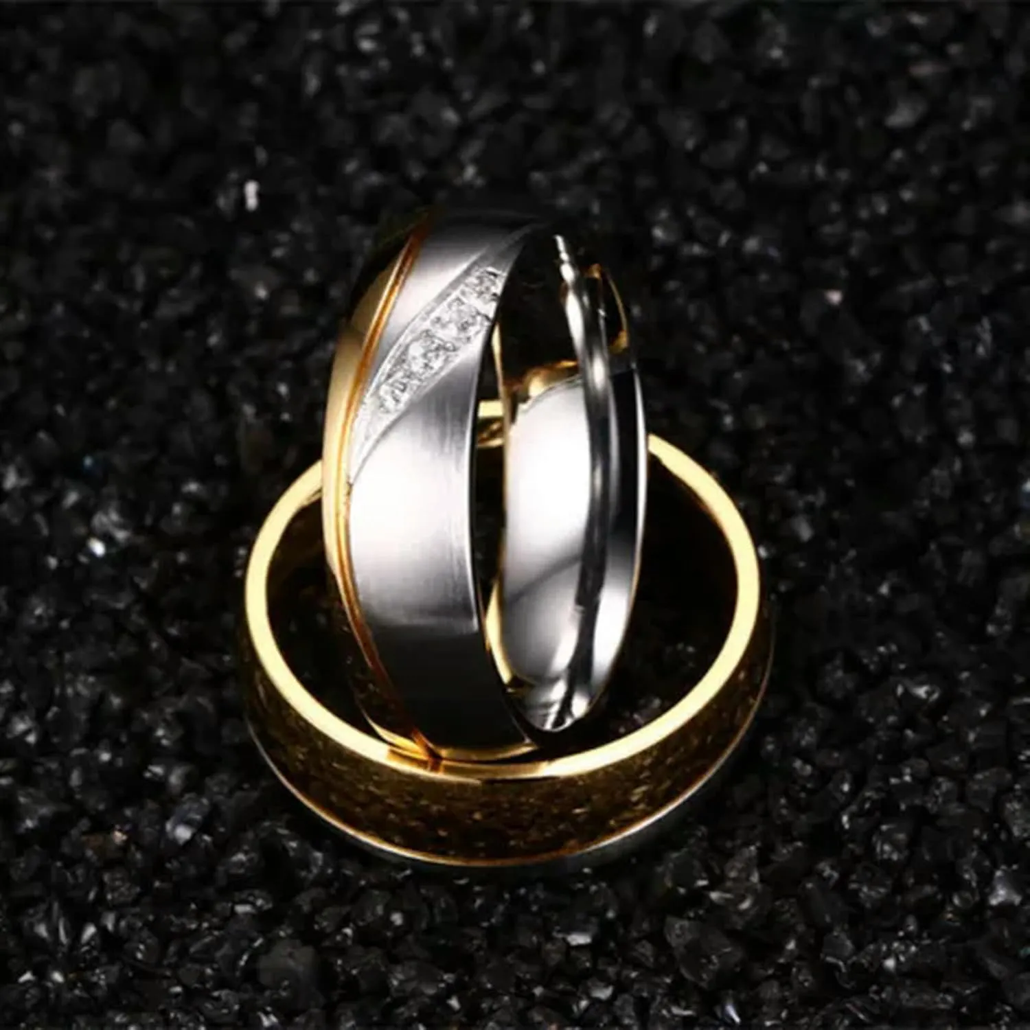 18K Gold Plated CZ Stainless Steel Couple Rings Sz 5-13 Gold&Silver Wedding Band