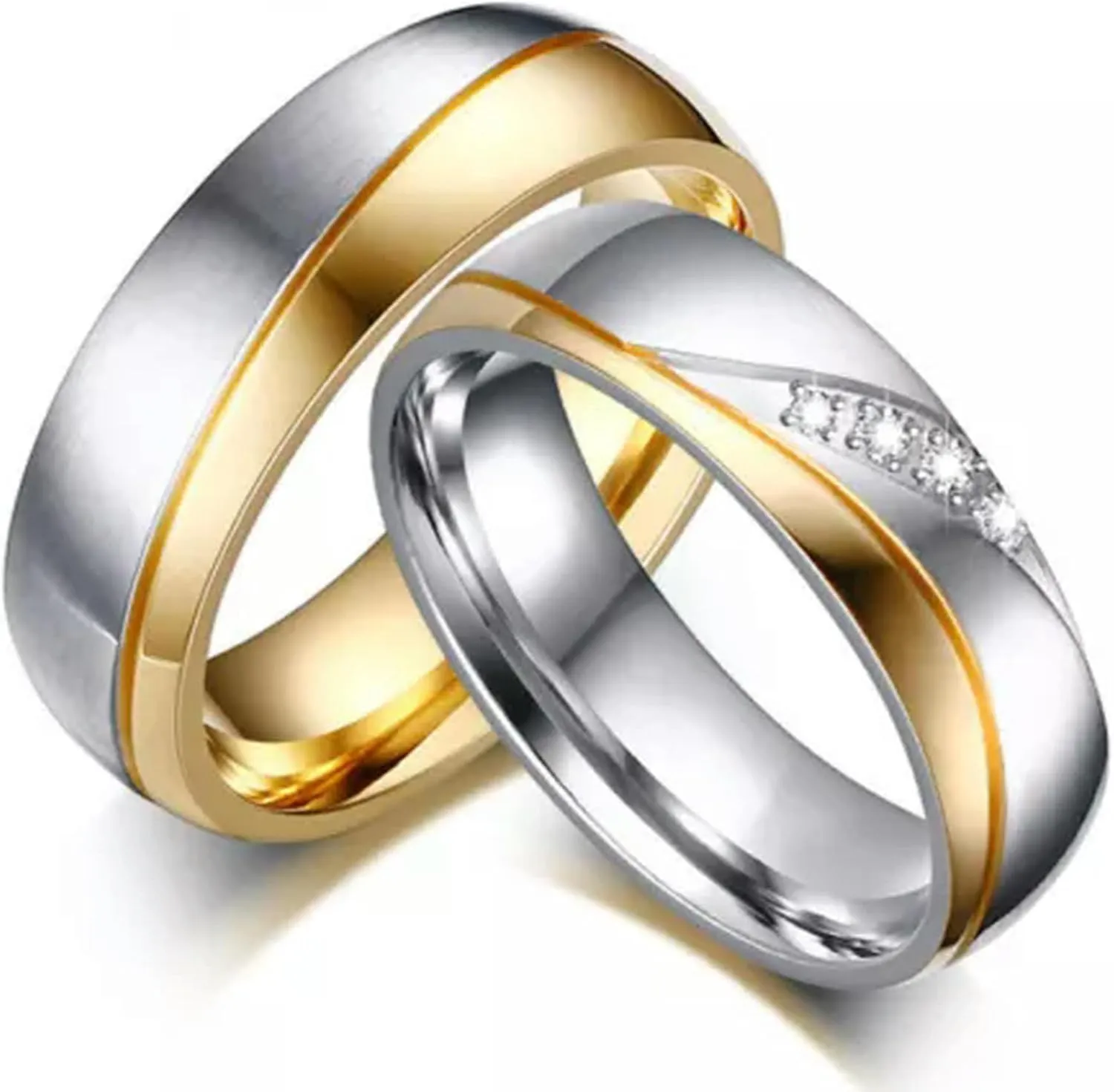 18K Gold Plated CZ Stainless Steel Couple Rings Sz 5-13 Gold&Silver Wedding Band