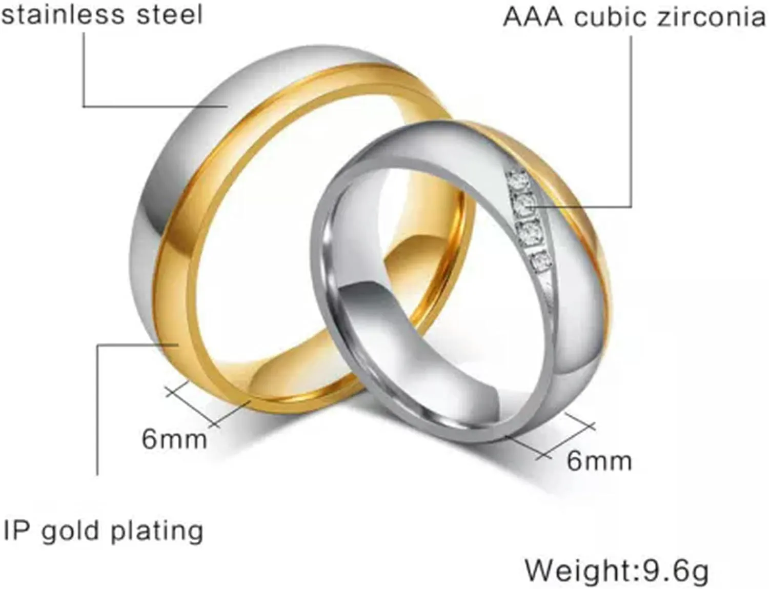 18K Gold Plated CZ Stainless Steel Couple Rings Sz 5-13 Gold&Silver Wedding Band