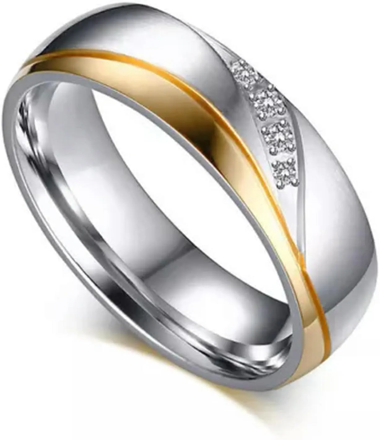 18K Gold Plated CZ Stainless Steel Couple Rings Sz 5-13 Gold&Silver Wedding Band