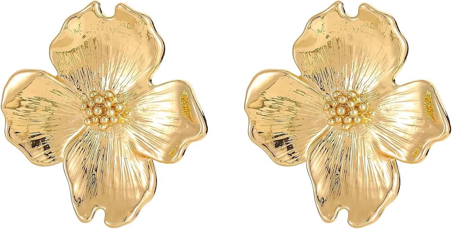 18K Gold-Plated Flower Earrings Large Flower Stud Earrings Chunky Floral Dangle Drop Earrings Trendy Jewelry Gifts for Women(E2)