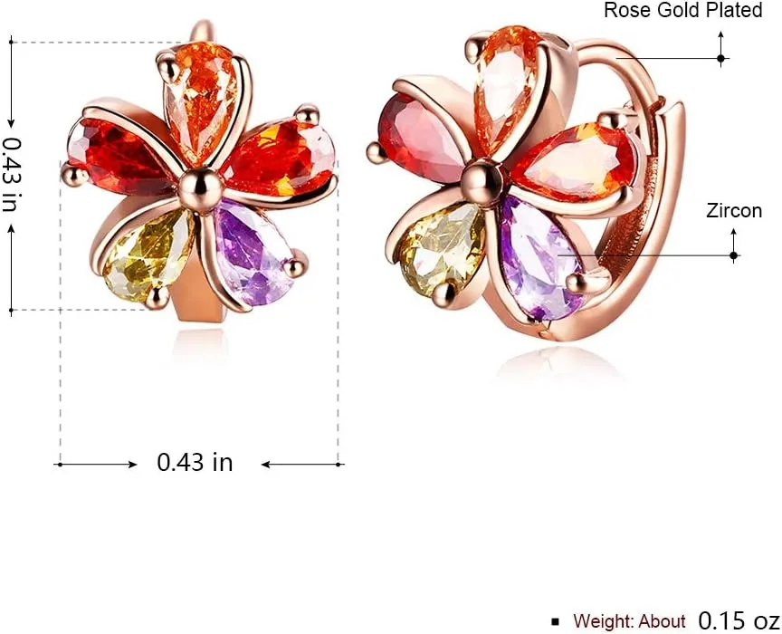 18K Gold Plated Rainbow Colorful Crystal Love Heart Flower Cubic Zirconia Huggie Hoops Cute CZ Hoop Earrings for Women