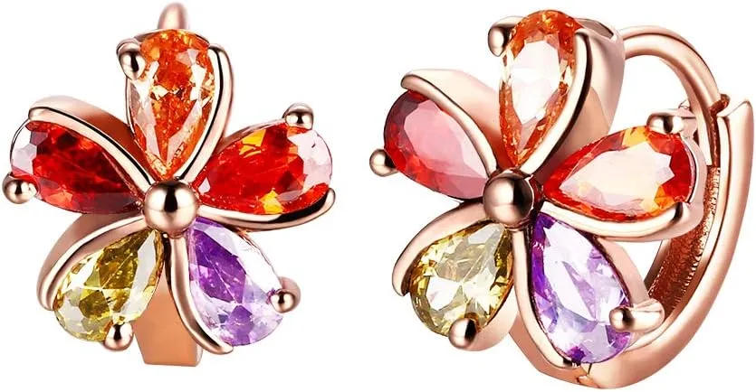 18K Gold Plated Rainbow Colorful Crystal Love Heart Flower Cubic Zirconia Huggie Hoops Cute CZ Hoop Earrings for Women