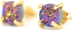 18K Gold Plated Stud Earrings For Women, Handmade 925 Sterling Silver Stud Earrings, Small Druzy Lightweight Hypoallergenic Crystal Earrings