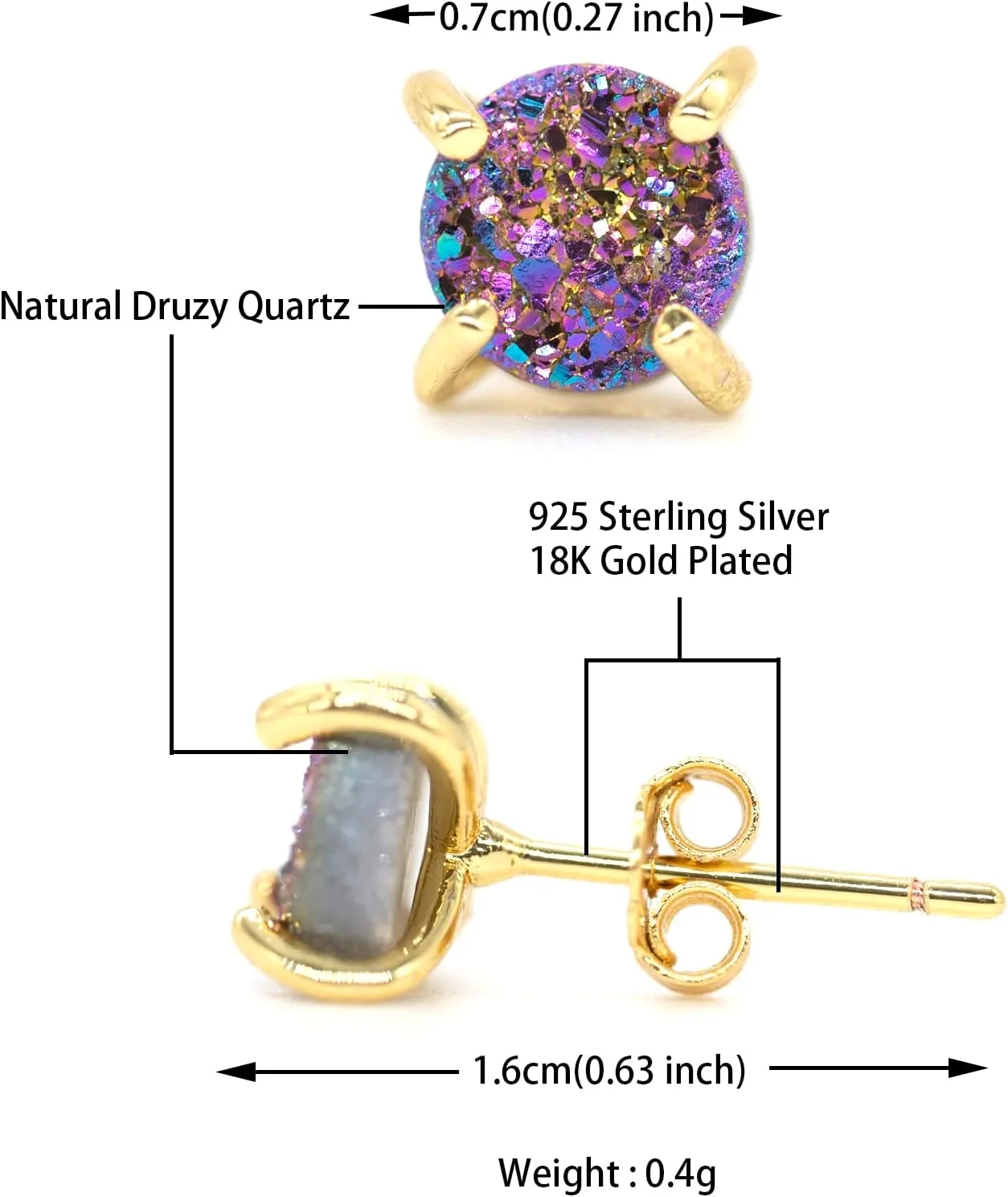 18K Gold Plated Stud Earrings For Women, Handmade 925 Sterling Silver Stud Earrings, Small Druzy Lightweight Hypoallergenic Crystal Earrings